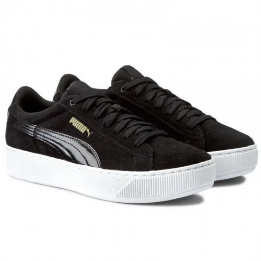 Puma Black Suede Vikky White Platform Low Top Sporty Comfort Leather Sneakers 8 - Picture 1 of 13